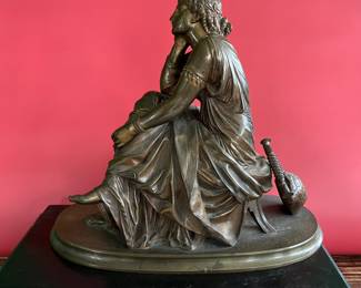 “Day Dreams” by Paul Alexandre Schoenewerk, bronze sculpture, 1860, French, Pradier foundry, a beautiful young women in an elegantly draped toga has put her lyre aside while she is lost in thought. This is a gorgeous example of mid 19th century French Academic style sculpture.