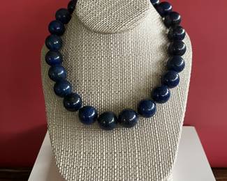 Large lapis lazuli beaded necklace with silver clasp