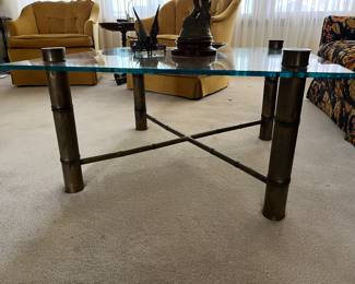 Mid century Maison Bagues style square coffee table, antique brass bamboo legs and X supports anchoring a glass top, very Hollywood Regency