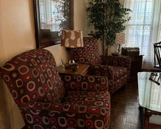 Excellent condition. 2 side chairs with rolled arms and contemporary fabric