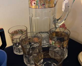 Vintage Water Pitcher with 4 glasses. Colonia Panel with raised floral on gold