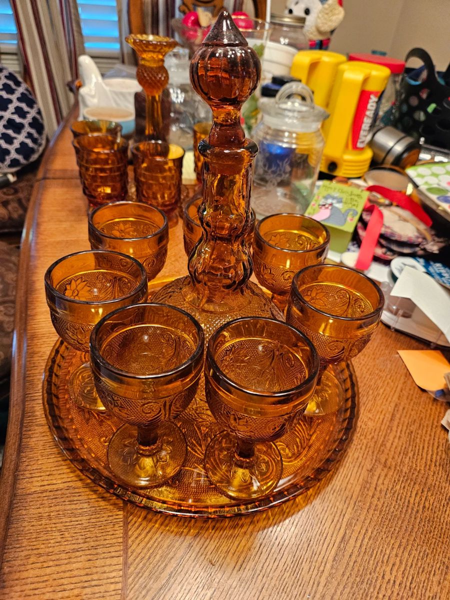 Amber Tiara Sandwich Glassware Wine Decanter, glasses and tray - VINTAGE 