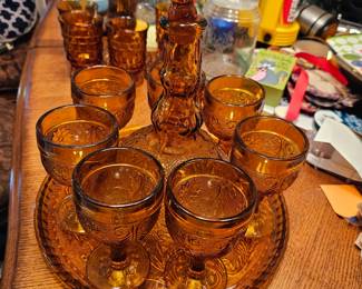 Amber Tiara Sandwich Glassware Wine Decanter, glasses and tray - VINTAGE 