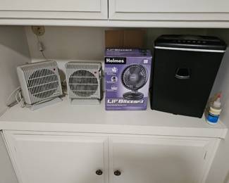 Small space heaters, fan, paper shredder.