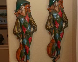 Pair of vintage harlequin wall hangings