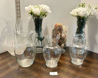 7pc Clear Glass Vases with Aritifical Flowers and More