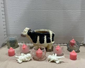 PartyLite Candle holders and candles and a cow planter
