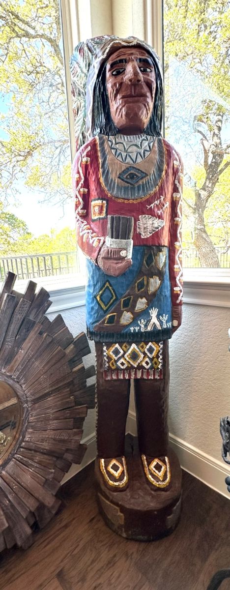 This awesome Vintage, solid wood Cigar Shop Indian was displayed for years at Buffalo Billiards Pool Hall in Austin! He’s stunning, with vibrant colors and in Excellent condition. Stands approximately 5’ tall. 