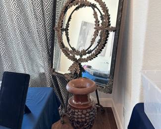 Outstanding Large Mirror & Easel, tall carved wood planter/vase.