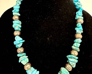 Beautiful Vintage Old Pawn Navajo Chunky Turquoise necklace with Silver Pearl Beads