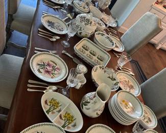 Extensive Collection of Portmeirion Botanical Garden by Susan Williams-Ellis,  Britain.  Individually priced to add to your collection of Plates, bowls, and Serving Pieces. ( another photo of matching pieces and collectables)
Silverplate flatwate set , serving utensils, crystal goblets.
