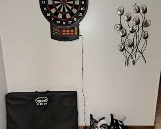 Corn Hole Game Set in Carrying Case, Electronic Dart Board and Hockey Skates