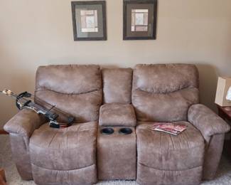 Suede Reclining Couch with Cupholders