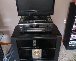 Pioneer Receiver, Polaroid Monitor and Nice Small Corner Glass T.V. Stand