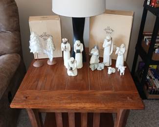 Amish Made Oak End Table and Christmas Nativity Collection of Willow Tree Figures