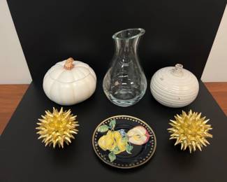 Lot 4323 Ceramic Pumpkin  Vases  Gold Urchin Decor  Signed Painted Fruit Plate