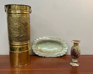 Lot 7557 Brass Umbrella Cane Stand  Onyx Vase  Veverka Pottery Oblong Dish