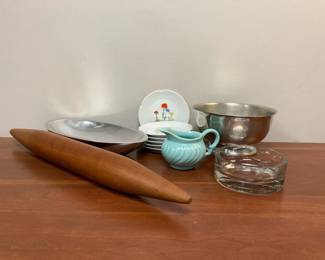 Lot 9953 Woodbury Pewter Bowl  Berry Haute French Porcelain Plates  Rolling Pin  Franciscan Coronado Creamer  Nambe 504 Metal Serving Dish