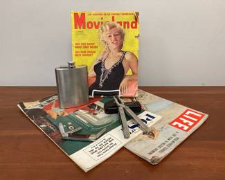 Lot 7555 Leatherman Pocket Tool  Stainless Steel Flask  Buck Swiss Army Knife  1954 Movie Land Poster  Marilyn Monroe Cover   Life Magazine  Saturday Evening Post