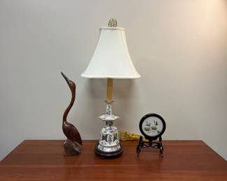 Lot 7556 Floral Table Lamp  Wooden Crane Bird  Silk Crane Table Art