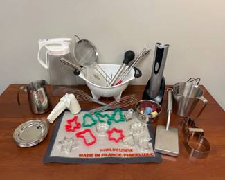 Lot 4319 Kitchen Lot Utensils  All Clad CuisiPro Oster Pottery Barn World Cuisine Cookie Cutters  Electric Wine Opener  Baster  Cheese Grater  Colander