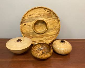 Lot 7548 Handmade Wood Turned Vases  Chip Dip Platter  Bowl  Maple  Spalted Maple  Sycamore