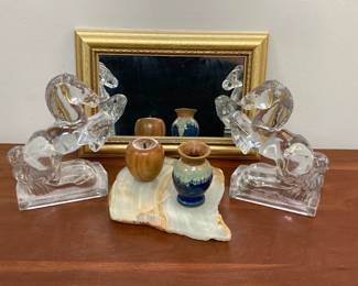 Lot 7550 Glass Horse Bookends  Smooth Agate Desk Decor  Wooden Apple  Studio Pottery Vase  Wall Mirror