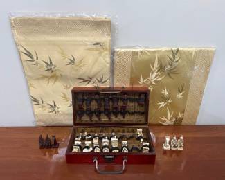 Lot 7545 Vintage Asian Carved Wooden Chess Set  Runners  Placemats