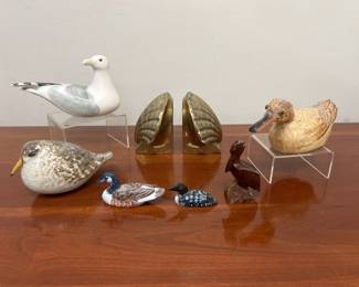 Lot 7537 Coastal Bird Decor  Brass Shell Bookends  Ducks  Seagull  Pelican