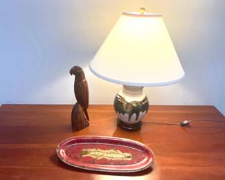 Lot 7543 Table Lamp  Carved Wood Bird  Lantern Hill Seagrove Pottery