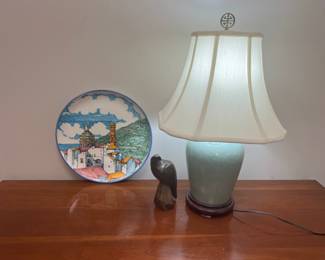 Lot 7542 Vietri Wall Plate  Carved Wood Bird  Asian Table Lamp