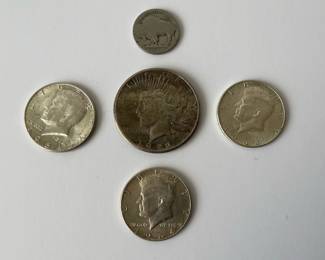 Lot 4393 Coins  1922 Peace Dollar  Worn Buffalo NIckel  1964 Kennedy Half Dollars