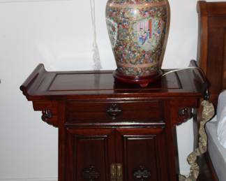 Asian single-drawer cabinet; Oriental lamp