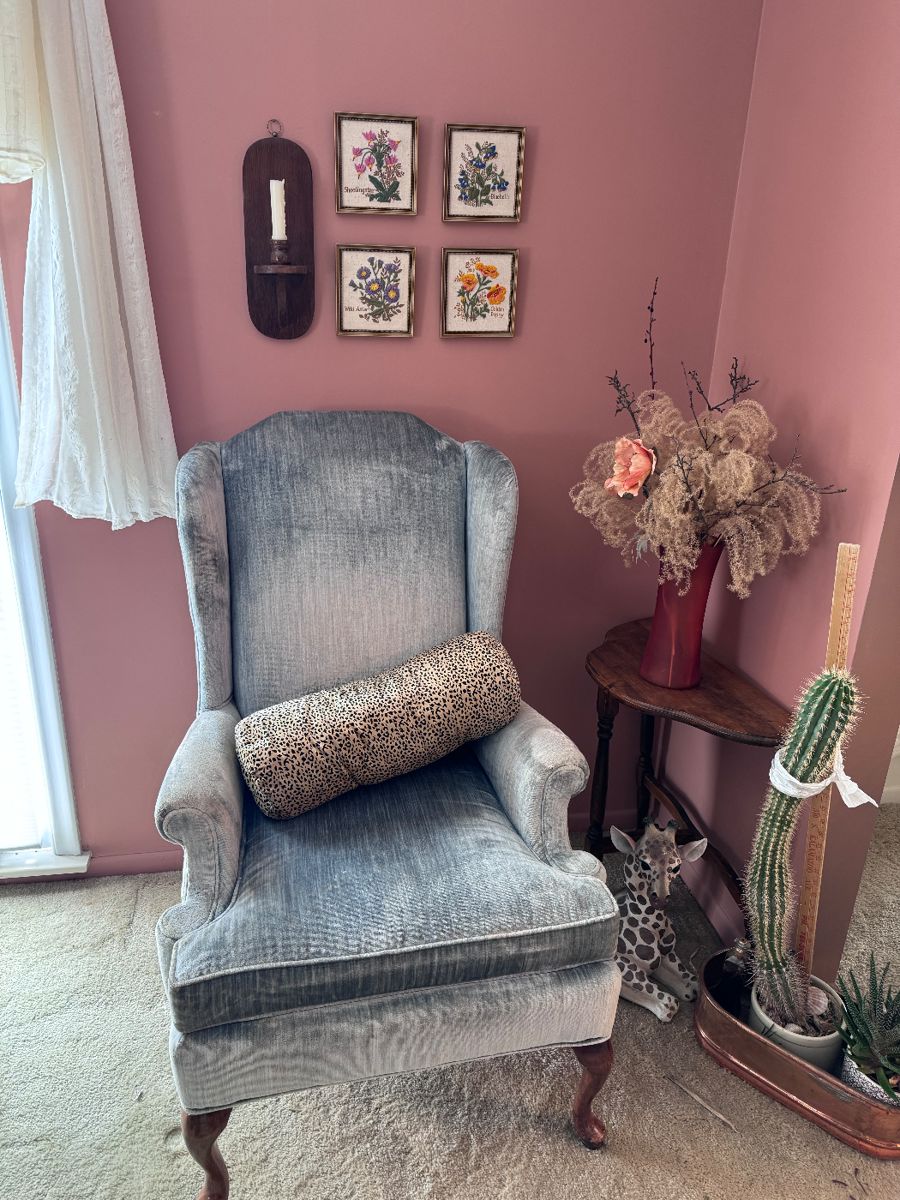 Vintage light blue velvet Queen Anne highback chair (2 matching available), delicate needlework embroidery art, live houseplants