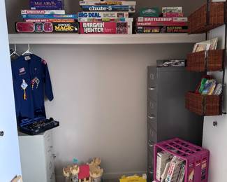 Vintage board games, metal filing cabinets