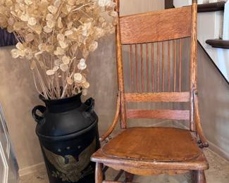 Antique rocking chair, antique large black milk-canister with gold eagle emblem