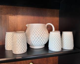 Vintage Hobnail milk glass pitcher and six matching tumbler glasses