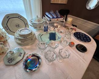 Set of four vintage sundae glasses, partial set of the coolest turquoise and blue colored china, candles