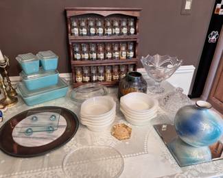 Turquoise pyrex refrigerator set, milk glass swirl small bowls, silver-plate and marble mid-century round platter, vintage glass-bottle spice rack, artist made pottery vase