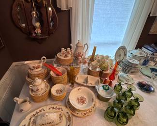 Vintage mid-century china set, green depression glass goblet glassware