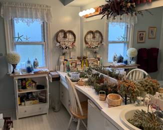 A bathroom full of live houseplants (mostly cactus and succulents), mini-fridge, cleaning supplies and decor