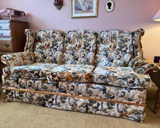 Pristine three-seat vintage bird print velvet couch