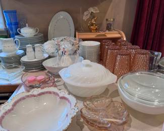 Set of eight beautiful pink glassware, milk-glass serving bowl with lid