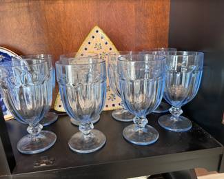 Light blue vintage goblet glassware (Green Eyes owns a set of these in dark blue and they are FABULOUS!) Forget-Me-Not painted triangle platter