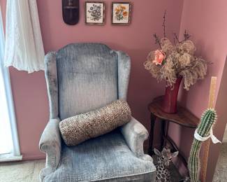 Vintage light blue velvet Queen Anne highback chair (2 matching available), delicate needlework embroidery art, live houseplants