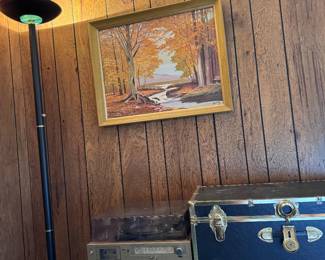 Vintage black trunk with gold hardware, in great condition! 