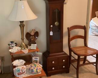 MCM End Table, Grand father clock 1960’s , cane bottom chair, and collectibles