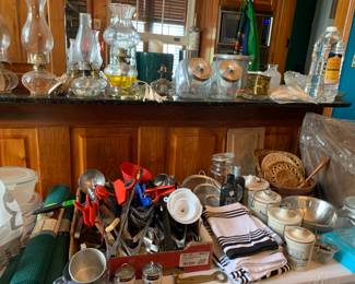 Kitchen utensils, towels, bowls, canisters