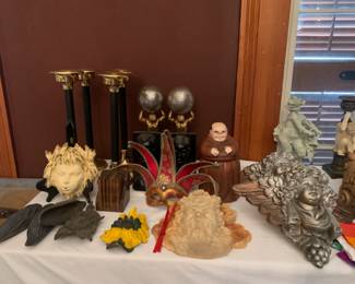 Cast iron pieces, candleholders, monk cookie jar, Venetian mask