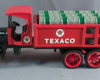 Ertl Texaco Locking Coin Bank Diecast Vehicles Including, Horse & Tanker Collector's Series #8, 1925 Kenworth Stake Truck Collector's Series #9, 1918 Mack AC Bulldog Flatbed Truck, With First Gear Diecast Replica 1955 Diamond-T Wrecker, Total Qty 4, All In Boxes